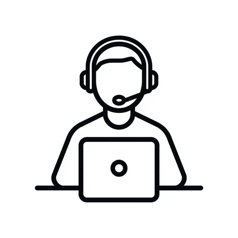 Customer support representative wearing a headset and sitting behind a laptop providing a personalized printing quote. 
