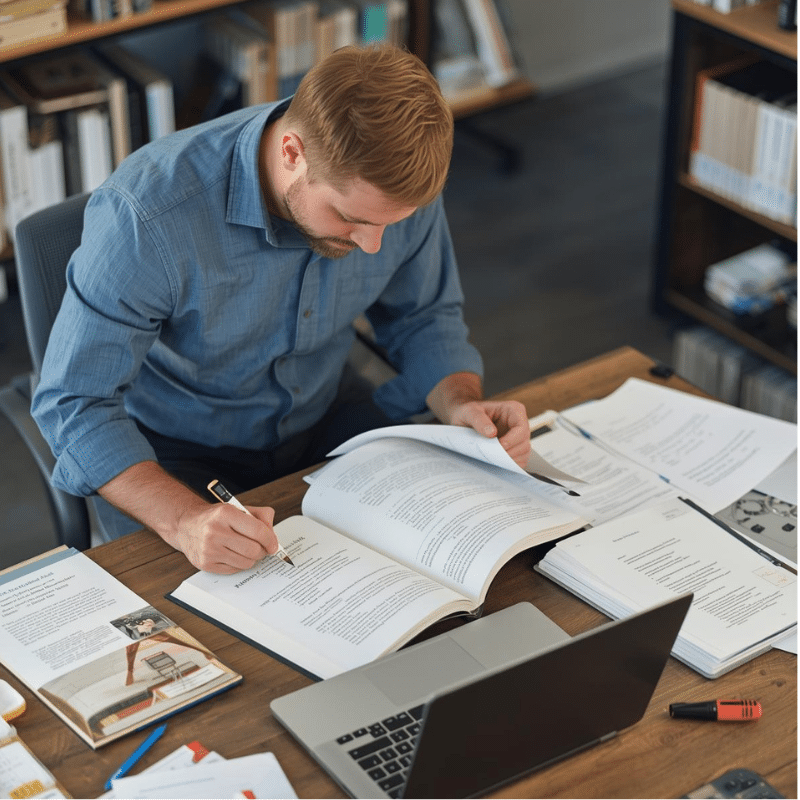 author reviewing printed book proofs