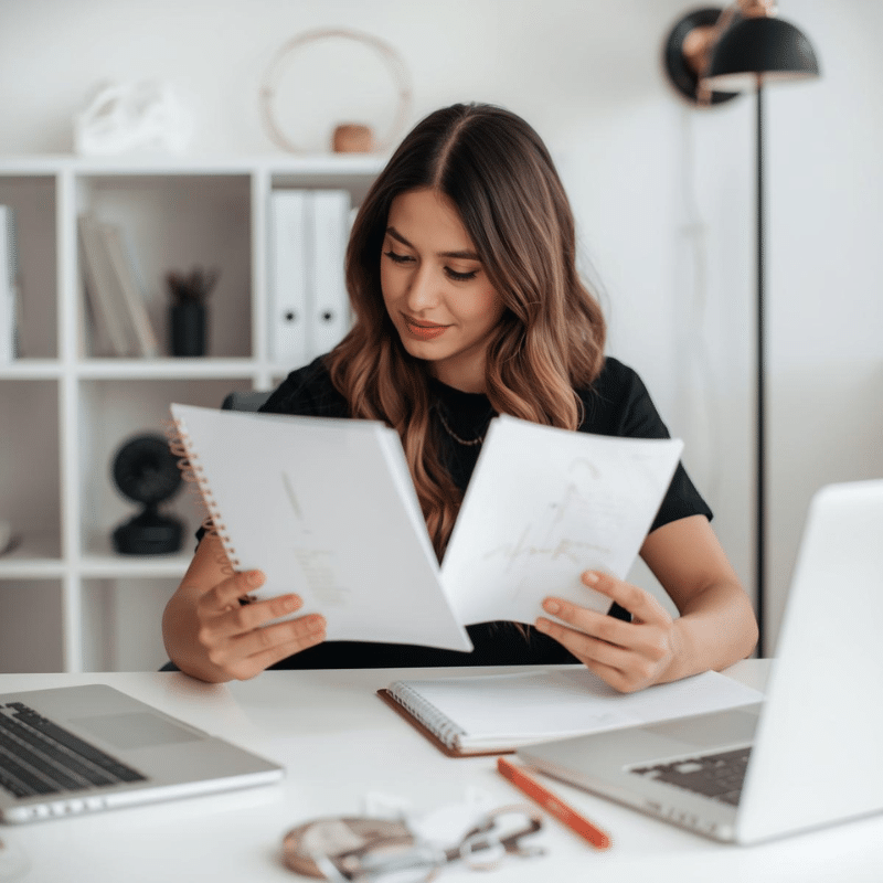 content creator reviewing printed planners and journals