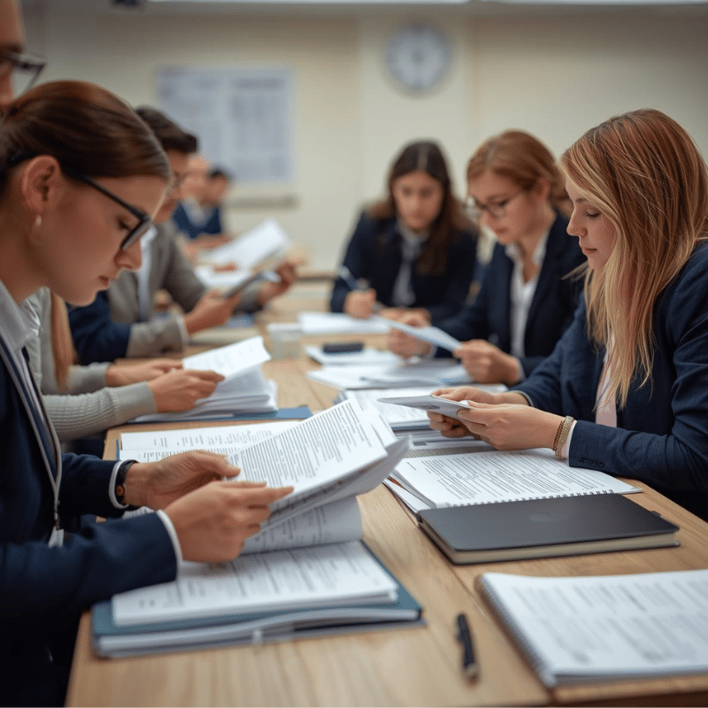 educational staff reviewing printed curriculum materials