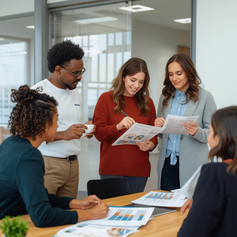 nonprofit team reviewing printed reports and educational materials