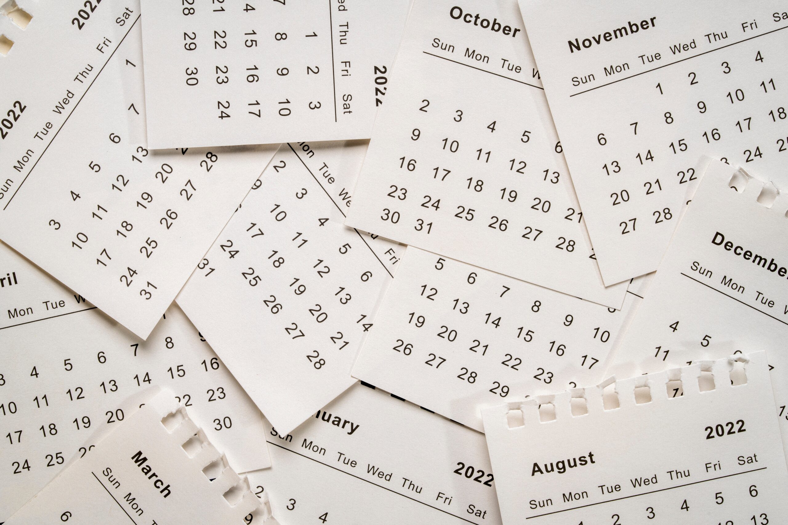 Printed monthly calendar sheets